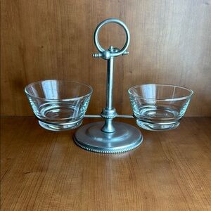 Vintage Double Bowl Aluminum Condiment Stand Set